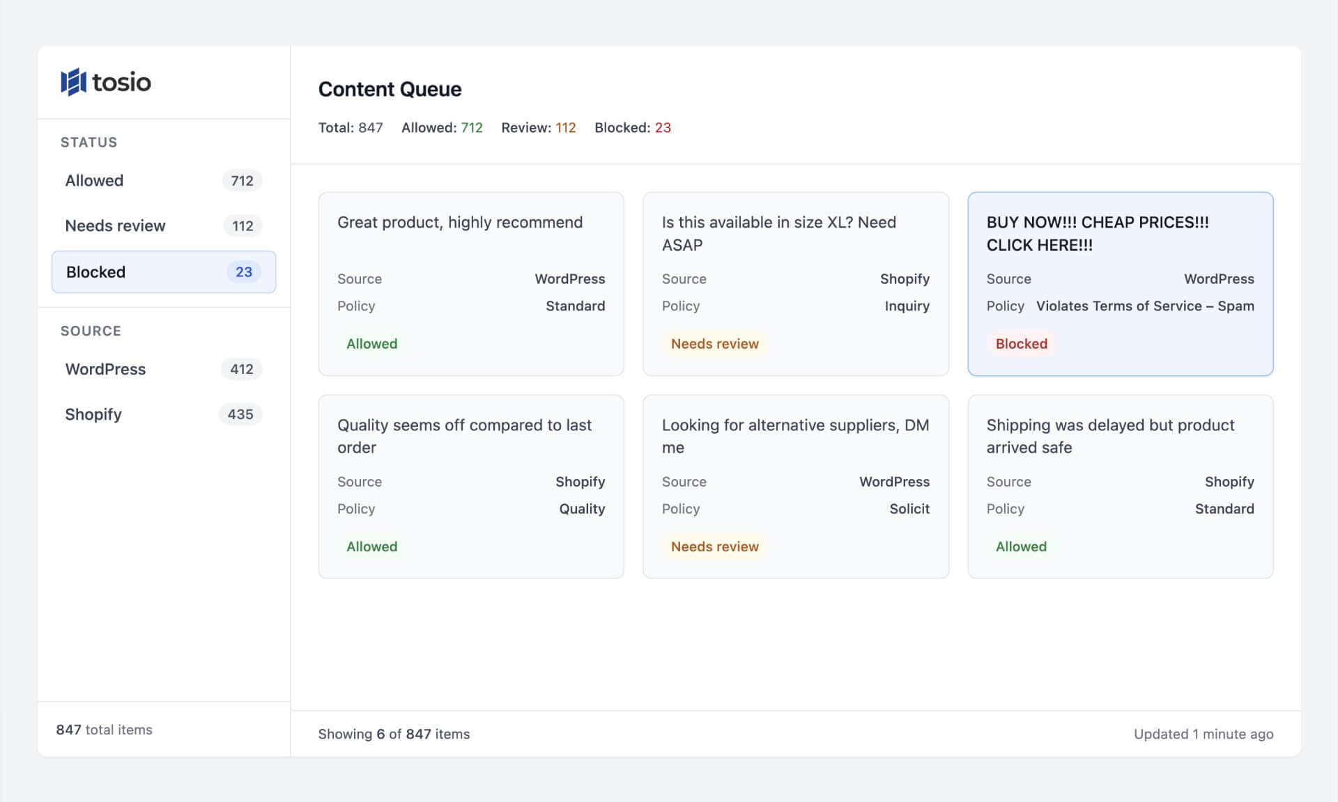 Tosio content moderation dashboard showing flagged items